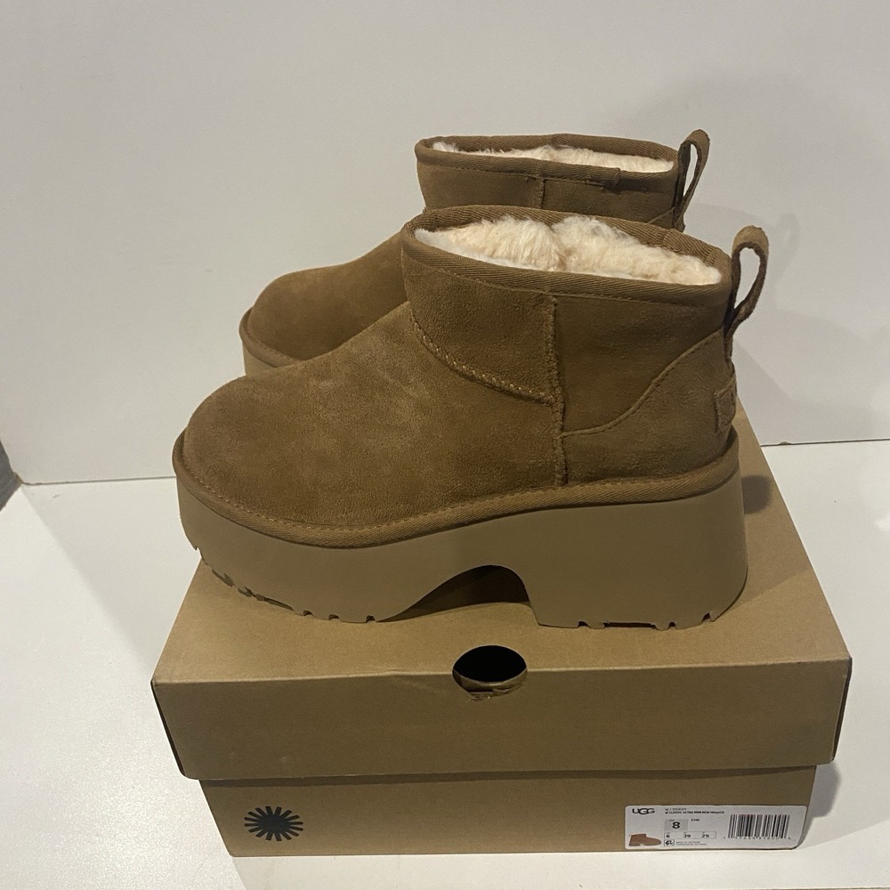 NIB UGG Classic Ultra Mini New Heights Platform Boots, Chestnut, Women's Size 8 - Picture 2 of 6